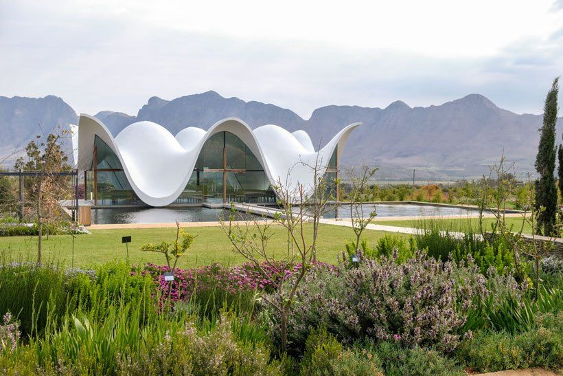 The sculpted white chapel at a Winelands estate